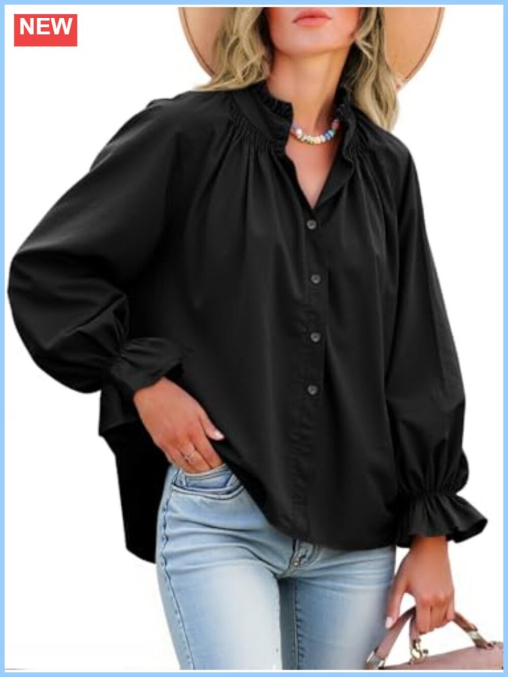 100% Cotton Long Sleeve Puff Blouse Button Down Oversized Loose Fit Top